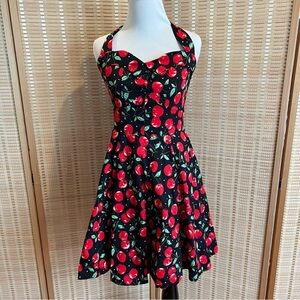 Pinup Rockabilly Cherry Print Halter Flare Dress By Goldkid London